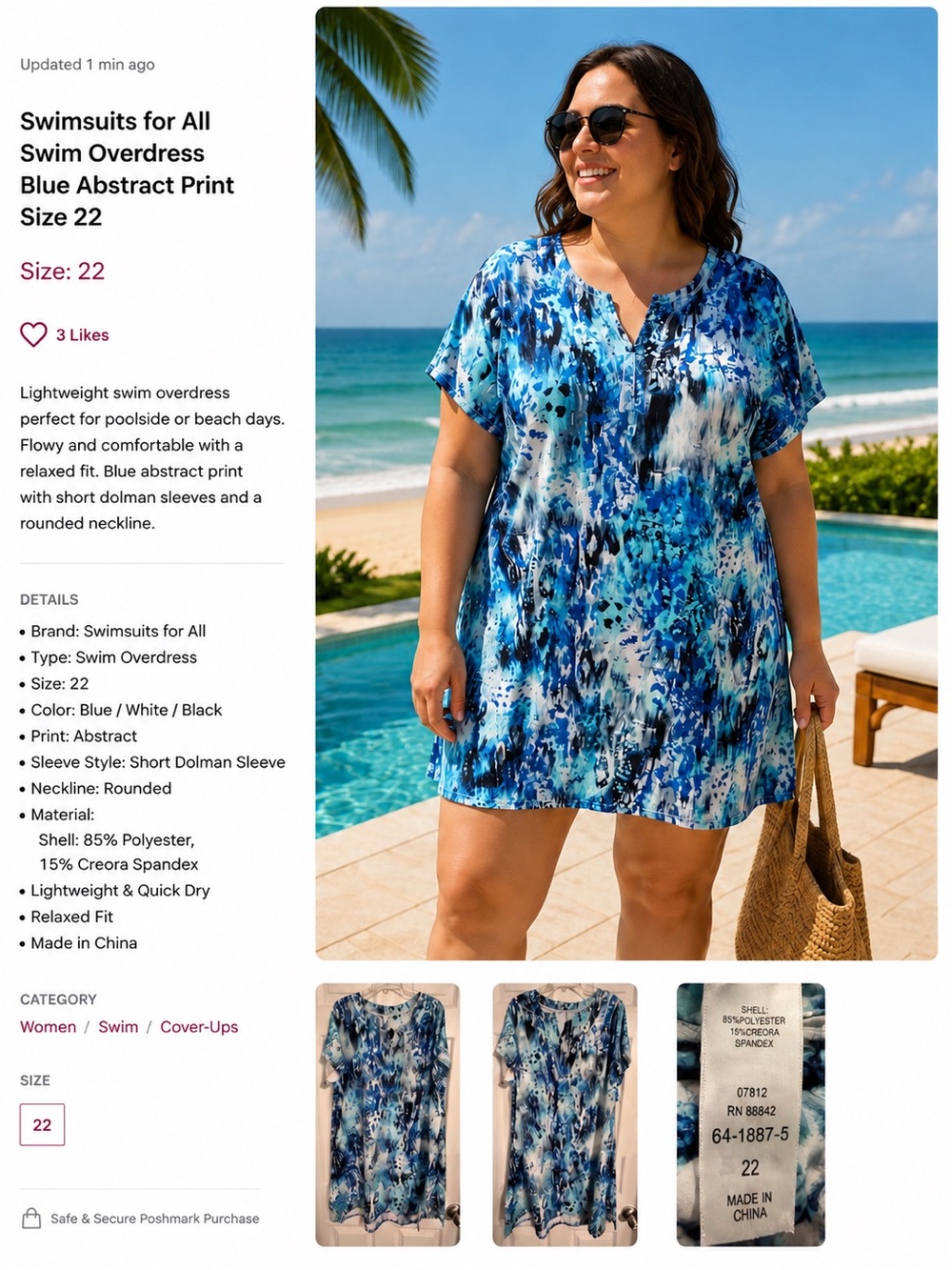 NWT Swimsuits For All Women’s Abstract Design Navy Cover Dress, Size 22